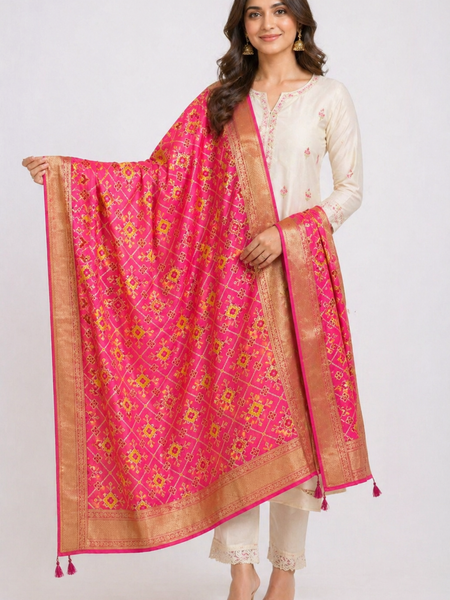 Desi Butik's Royal Pink Banarasi Silk dupata with Golden Zari Motifs