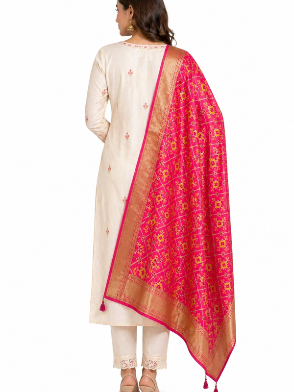 Desi Butik's Royal Pink Banarasi Silk dupata with Golden Zari Motifs