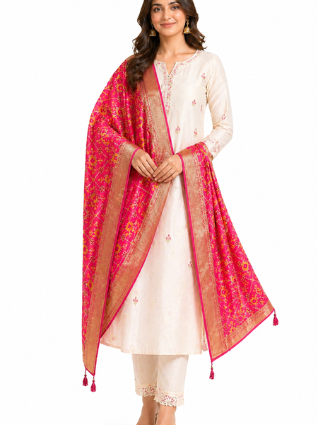 Desi Butik's Royal Pink Banarasi Silk dupata with Golden Zari Motifs
