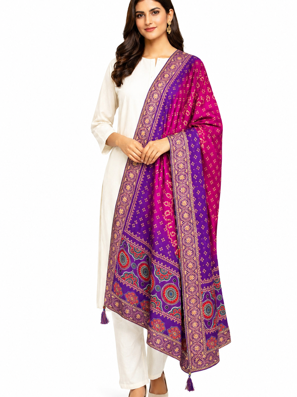 Desi Butik Rani Pink Bandhani Silk Dupatta with Royal Border