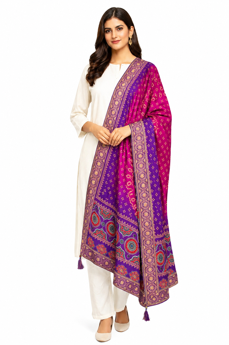 Desi Butik Rani Pink Bandhani Silk Dupatta with Royal Border