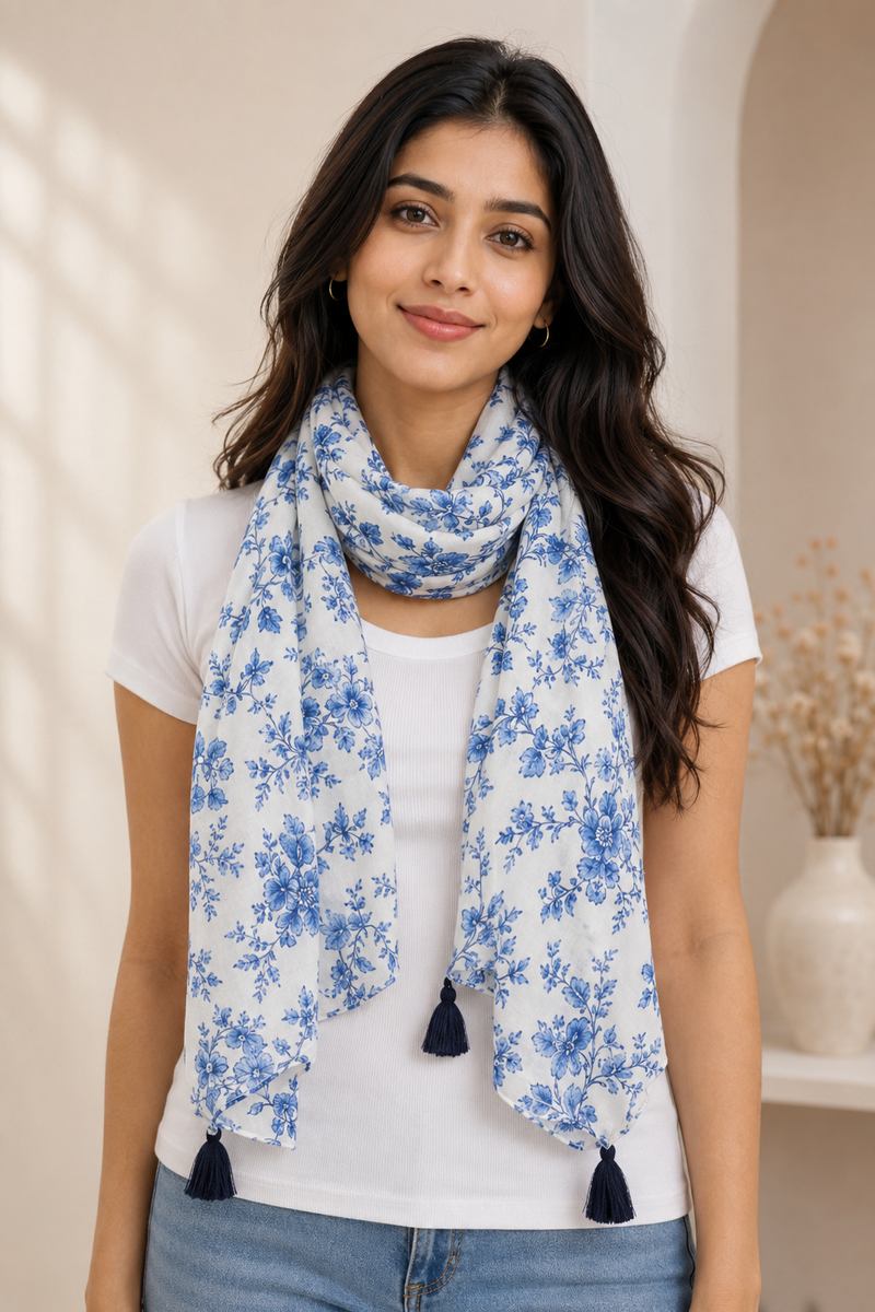 Beautiful White Printed Muslin Lightweight Scarves/Stoles for Women SC26