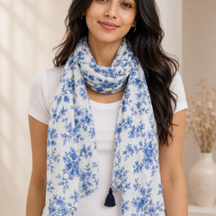 Beautiful White Printed Muslin Lightweight Scarves/Stoles for Women SC26