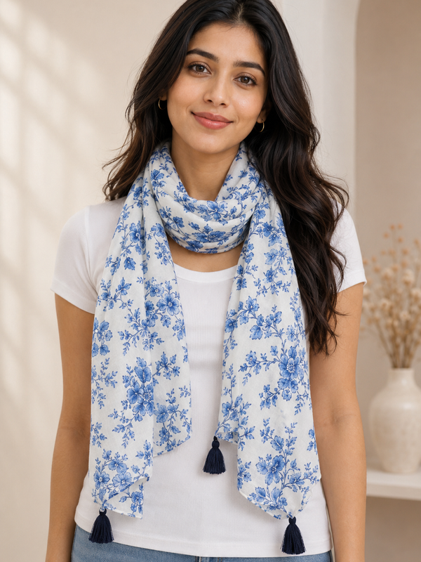 Beautiful White Printed Muslin Lightweight Scarves/Stoles for Women SC26