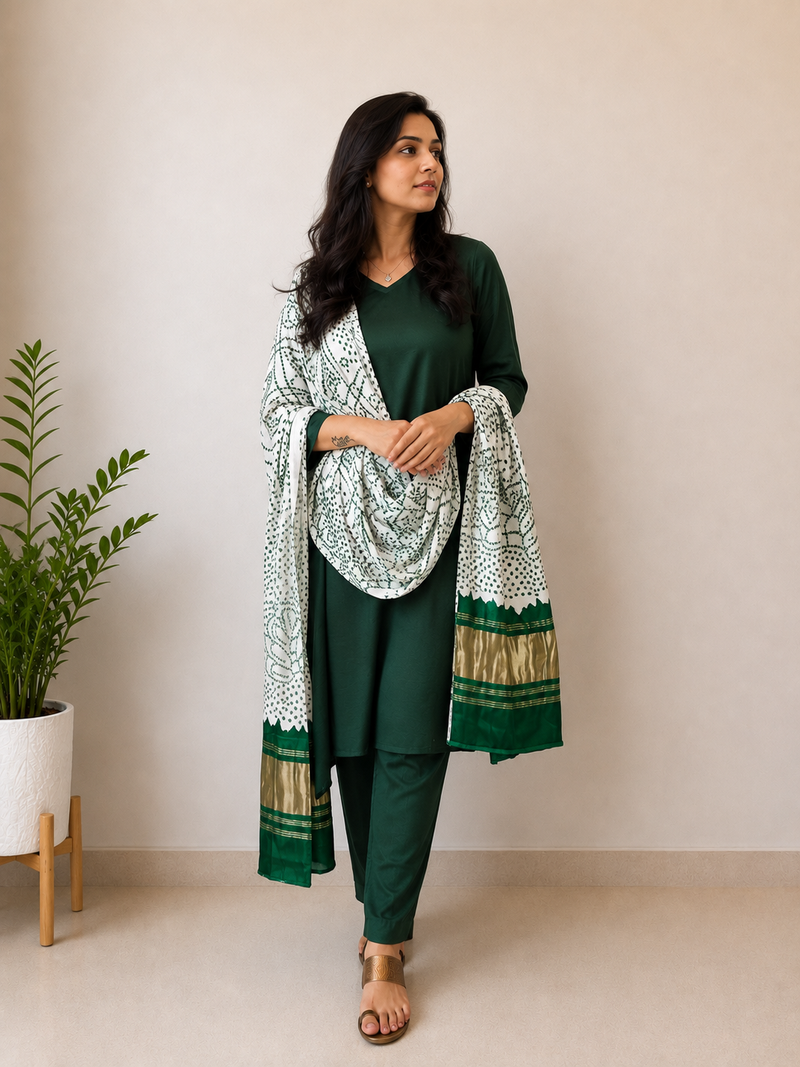 Desibutik Women's Bottle Green V-Neck Kurta Set