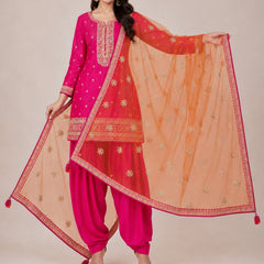 Women's Pink Embroidered Cotton Silk Kurta Set with Dhoti Pants & Dupatta
