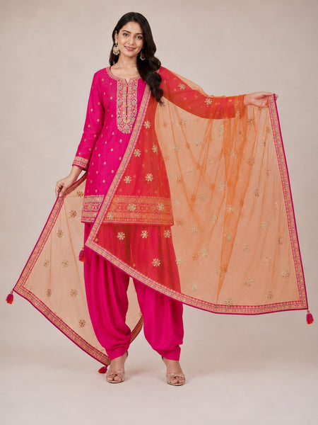 Women's Pink Embroidered Cotton Silk Kurta Set with Dhoti Pants & Dupatta
