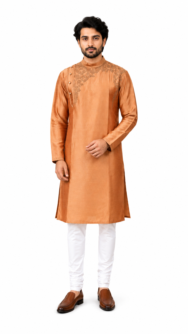 DESI BUTIK Men's Brown Embroidered Kurta Set