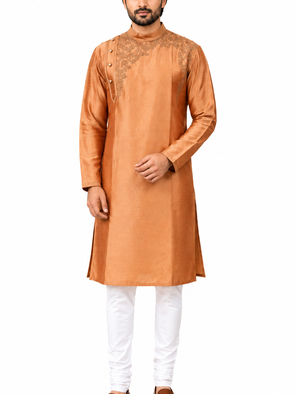 DESI BUTIK Men's Brown Embroidered Kurta Set