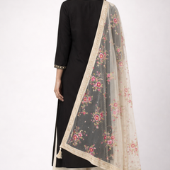 Desi Butik's  Beige Embroidered Net Dupatta with Golden Border & Tassels