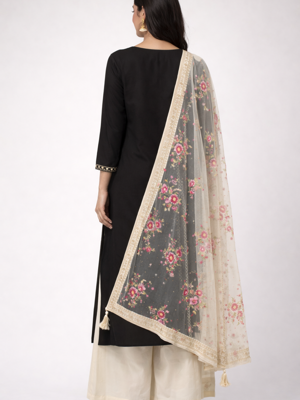 Desi Butik's  Beige Embroidered Net Dupatta with Golden Border & Tassels