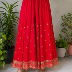 Red Embroidered Chinon Kurta Set with Sharara & Dupatta for Women