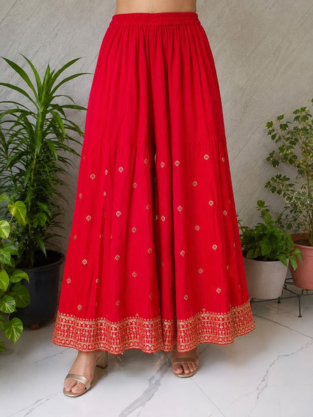 Red Embroidered Chinon Kurta Set with Sharara & Dupatta for Women