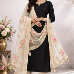 Desi Butik's  Beige Embroidered Net Dupatta with Golden Border & Tassels DB2248