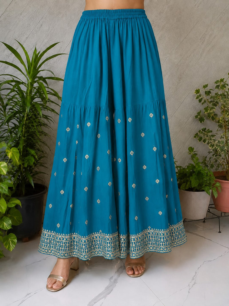 Women's Teal Embroidered Chinon Kurta Sharara Set with Dupatta & Potli Bag
