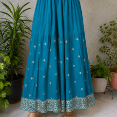 Women's Teal Embroidered Chinon Kurta Sharara Set with Dupatta & Potli Bag