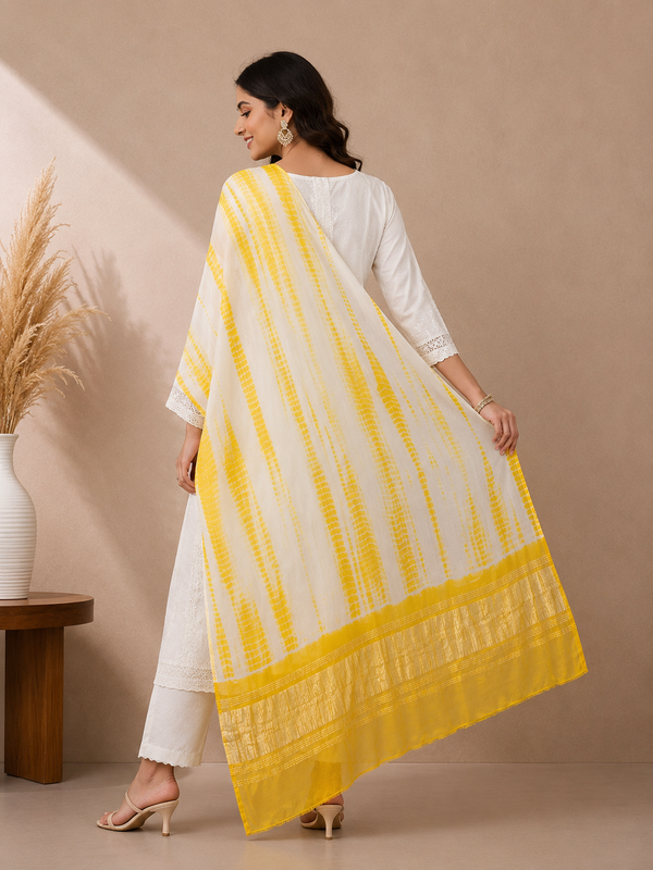 Desi Butik Women’s Gaji Silk Yellow Tie Dye Dupatta DB2268