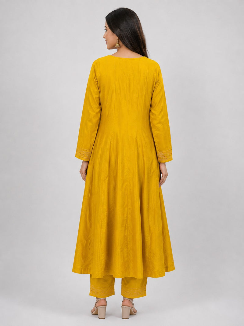 Yellow Embroidered Cotton Silk Anarkali Kurta Set with Trousers & Dupatta