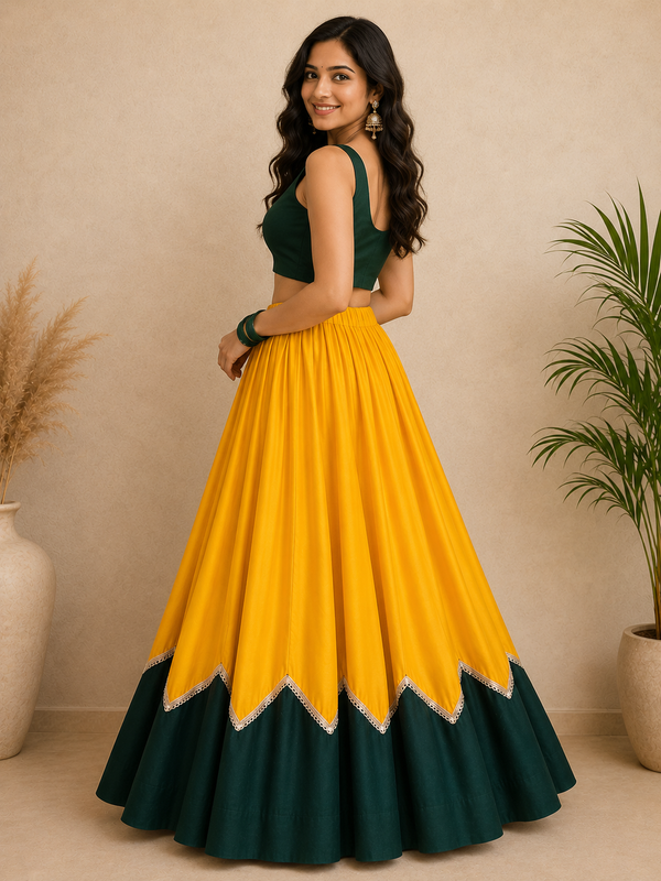 Cotton Silk YELLOW-GREEN Stitched Lehenga  for Navratri DBL5047