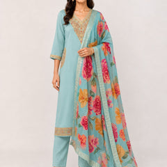 Women's Blue Embroidered Cotton Silk Kurta Set with Trousers & Dupatta