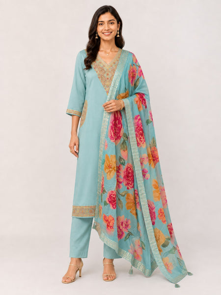 Women's Blue Embroidered Cotton Silk Kurta Set with Trousers & Dupatta