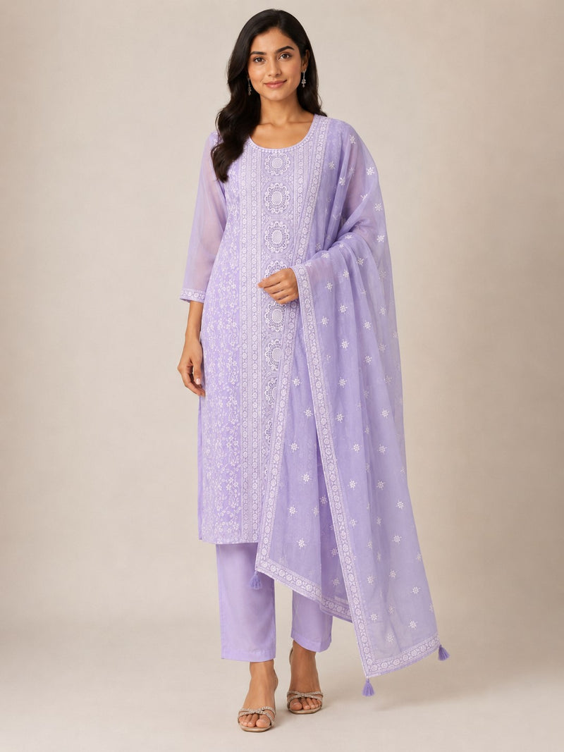 Women's Lavender Embroidered Cotton Silk Kurta Set with Dupatta