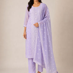 Women's Lavender Embroidered Cotton Silk Kurta Set with Dupatta