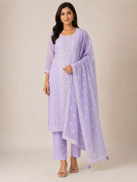 Women's Lavender Embroidered Cotton Silk Kurta Set with Dupatta