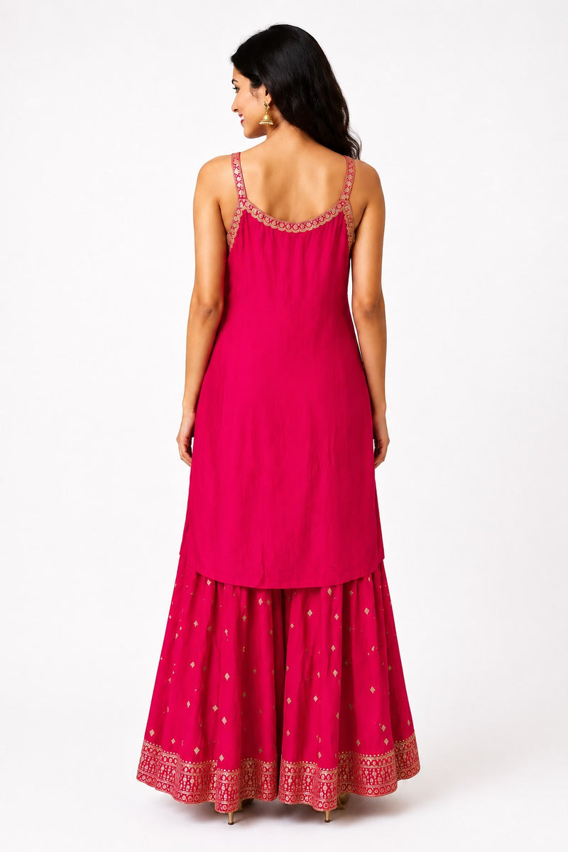 Pink Embroidered Chinon Kurta Set with Sharara & Dupatta for Women