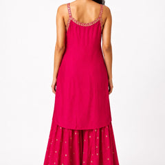 Pink Embroidered Chinon Kurta Set with Sharara & Dupatta for Women