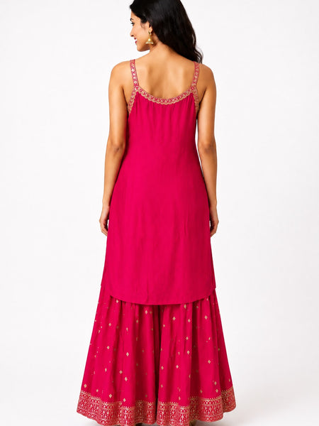 Pink Embroidered Chinon Kurta Set with Sharara & Dupatta for Women