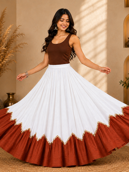 Cotton Silk WHITE-BROWN Stitched Lehenga  for Navratri DBL5046