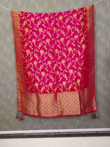 Desi Butik Rani Pink Banarasi Silk Dupatta with Floral Jaal DB2256