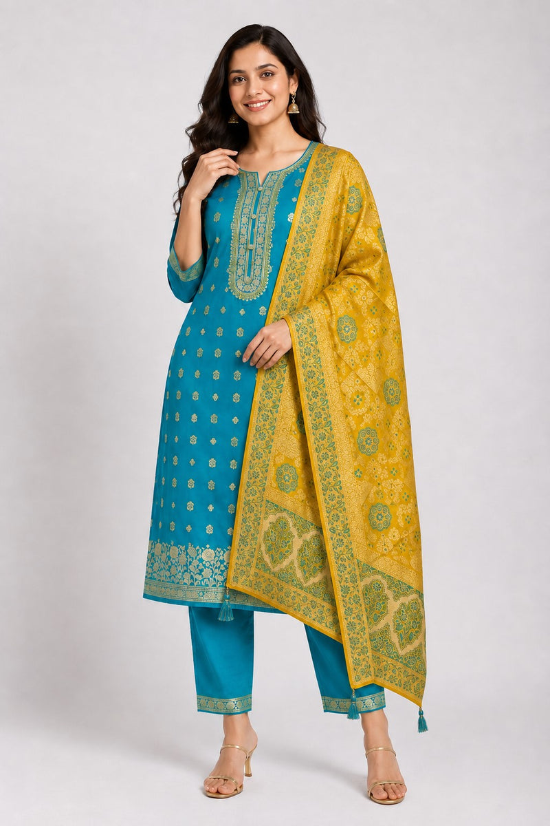 Women's Teal Embroidered Cotton Silk Kurta Set with Trousers & Dupatta