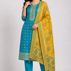 Women's Teal Embroidered Cotton Silk Kurta Set with Trousers & Dupatta