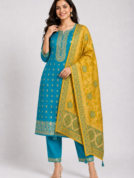 Women's Teal Embroidered Cotton Silk Kurta Set with Trousers & Dupatta