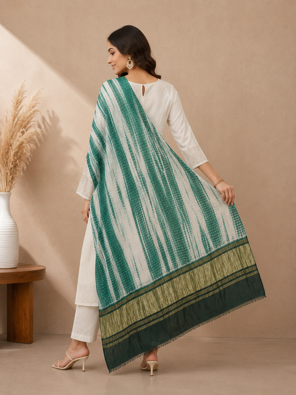 Desi Butik Women’s Gaji Silk Green Tie Dye Dupatta DB2269