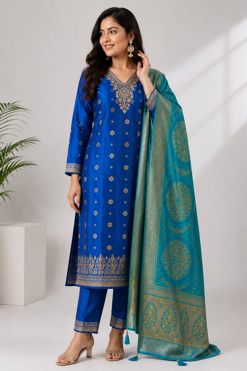 Women's Blue Embroidered Cotton Silk Kurta Set with Trousers & Dupatta