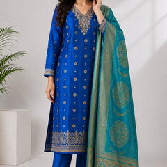 Women's Blue Embroidered Cotton Silk Kurta Set with Trousers & Dupatta