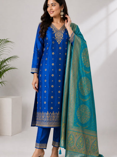 Women's Blue Embroidered Cotton Silk Kurta Set with Trousers & Dupatta