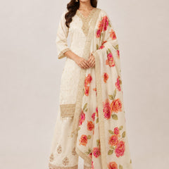 Women's Cream Embroidered Cotton Silk Kurta Set with Palazzos & Dupatta