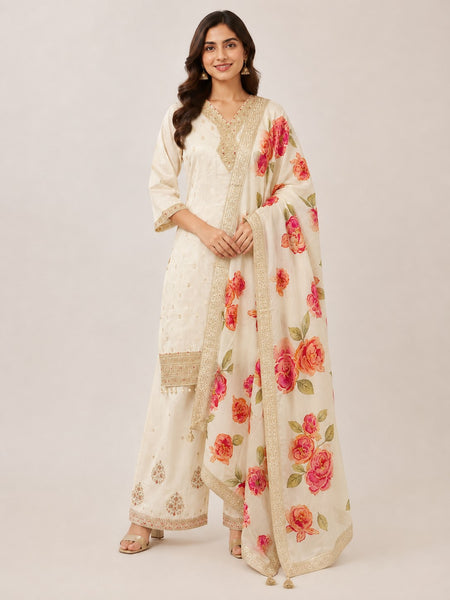 Women's Cream Embroidered Cotton Silk Kurta Set with Palazzos & Dupatta