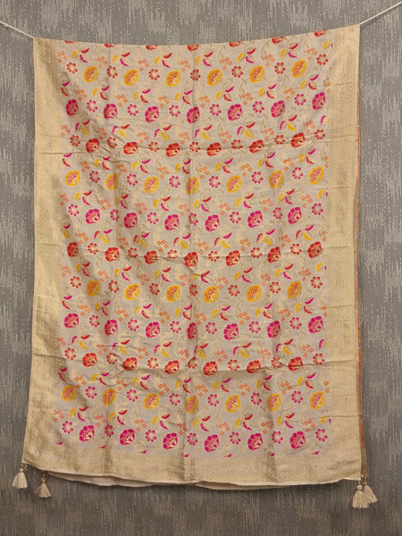 Desi Butik's  Cream Floral Woven Banarasi Dupatta