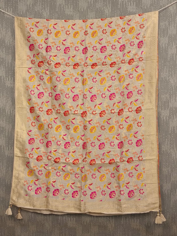 Desi Butik's  Cream Floral Woven Banarasi Dupatta