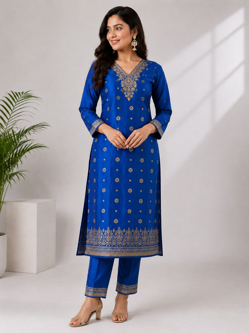 Women's Blue Embroidered Cotton Silk Kurta Set with Trousers & Dupatta