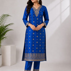 Women's Blue Embroidered Cotton Silk Kurta Set with Trousers & Dupatta