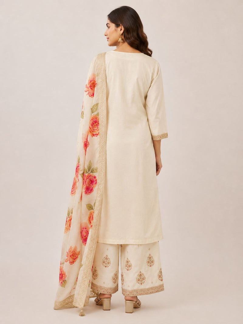 Women's Cream Embroidered Cotton Silk Kurta Set with Palazzos & Dupatta
