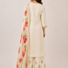 Women's Cream Embroidered Cotton Silk Kurta Set with Palazzos & Dupatta
