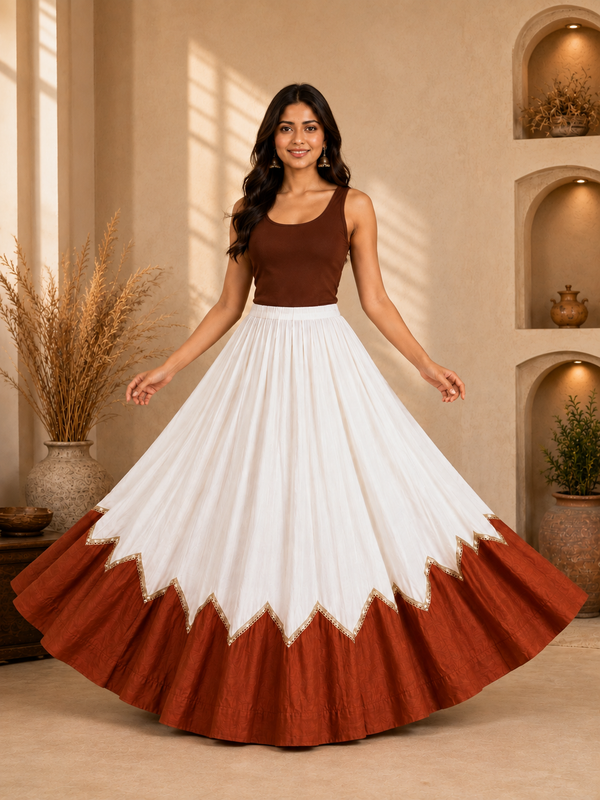 Cotton Silk WHITE-BROWN Stitched Lehenga  for Navratri DBL5046
