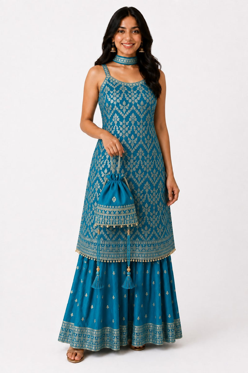 Women's Teal Embroidered Chinon Kurta Sharara Set with Dupatta & Potli Bag
